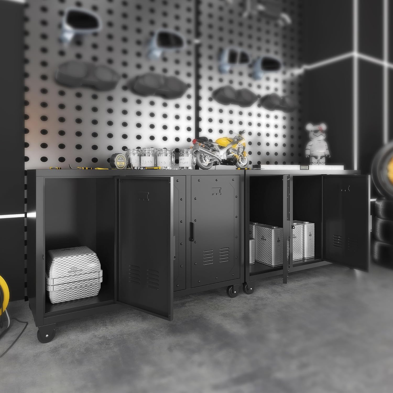 Metal Storage Cabinet with Wheels, 3 Doors L424