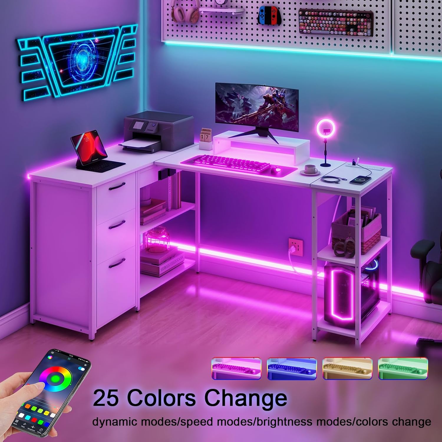 61" L Shaped Desk with Lift Top, Power Outlets, Drawers, Open Storage Shelf, Monitor Stand N6682