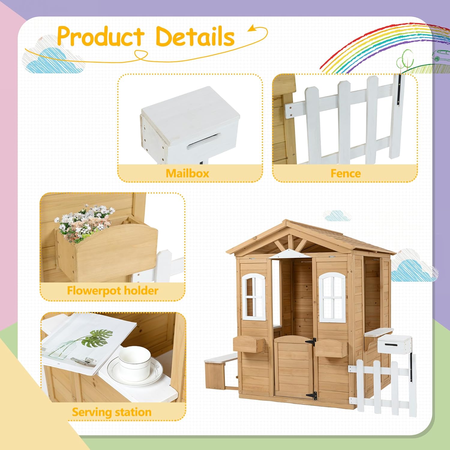 Natural Wooden Playhouse with Working Door, Windows, Mailbox, Bench, Flowers Pot Holder J857