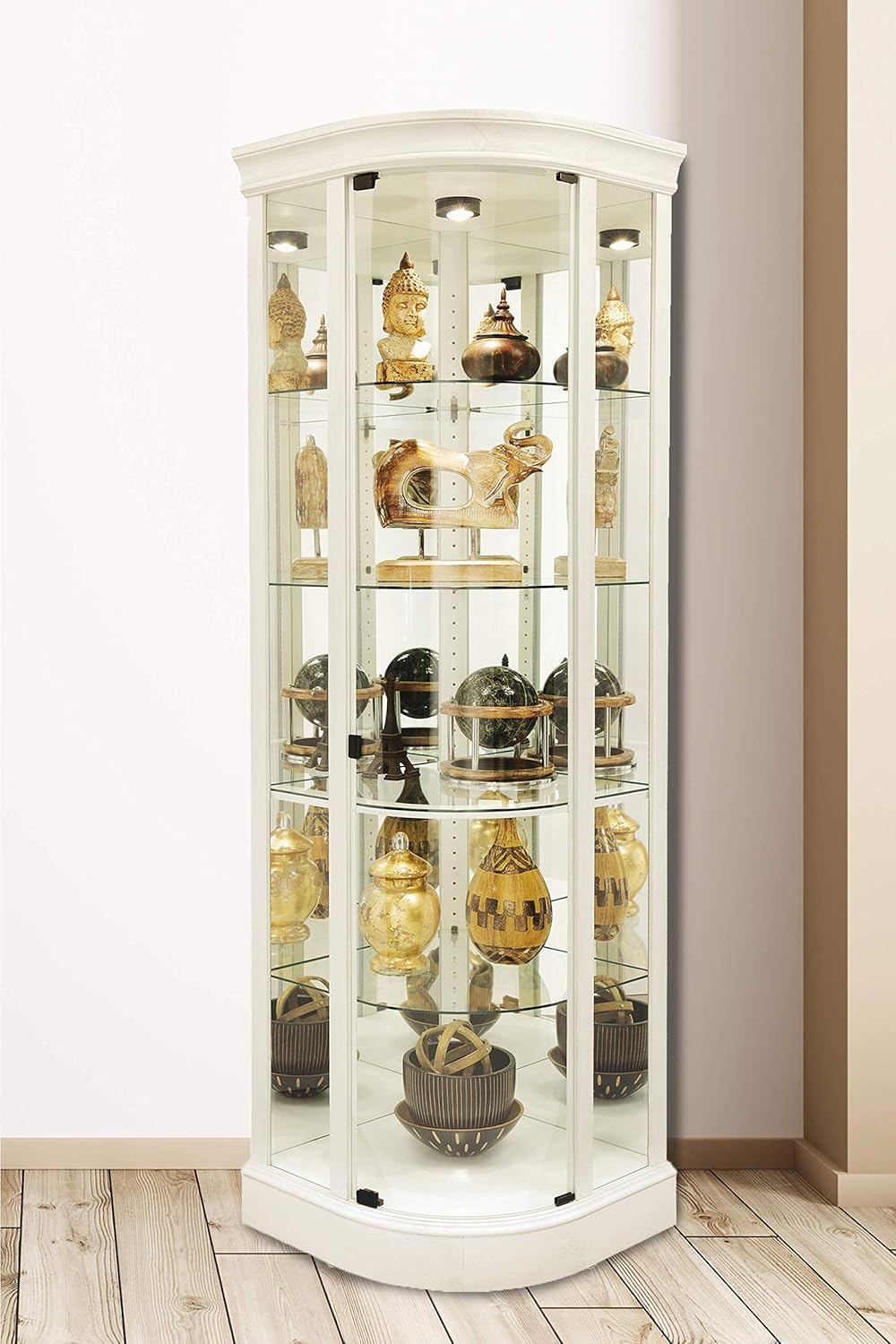 Aged Linen Finish Corner Curio Cabinet with Four Glass Shelves R585341