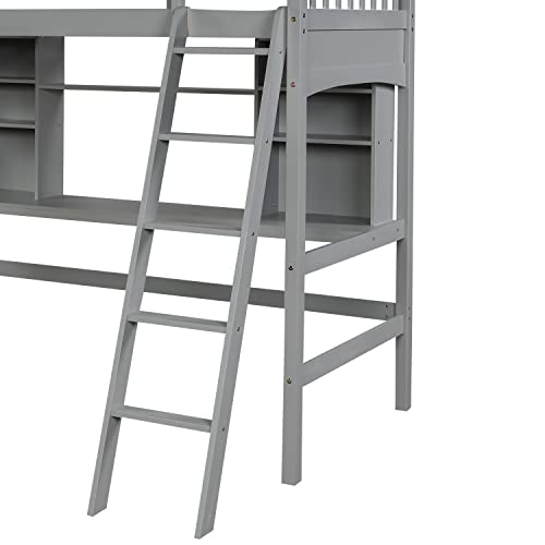 Full Size Solid Wood Loft Bed with Wardrobe and Desk K355457