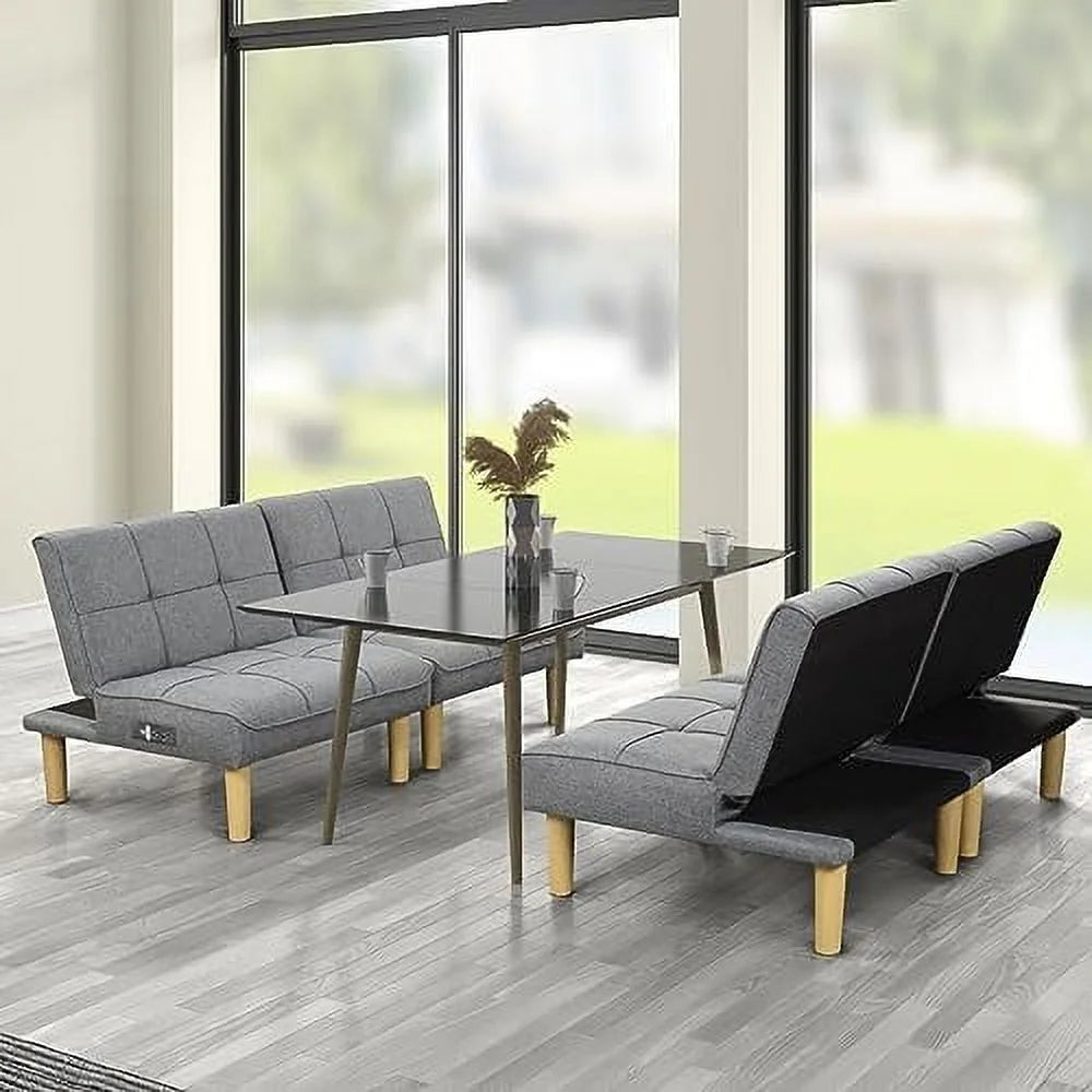 Comfy Convertible 2 Seater Futon Sofa Couch with USB Port Armless Adjustable Backrest K1527