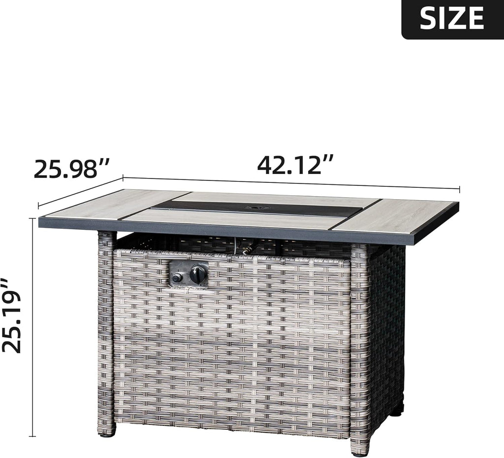 42 inch Outdoor Rectangle Propane Fire Pit Table with Lid, Grey Wicker L42519