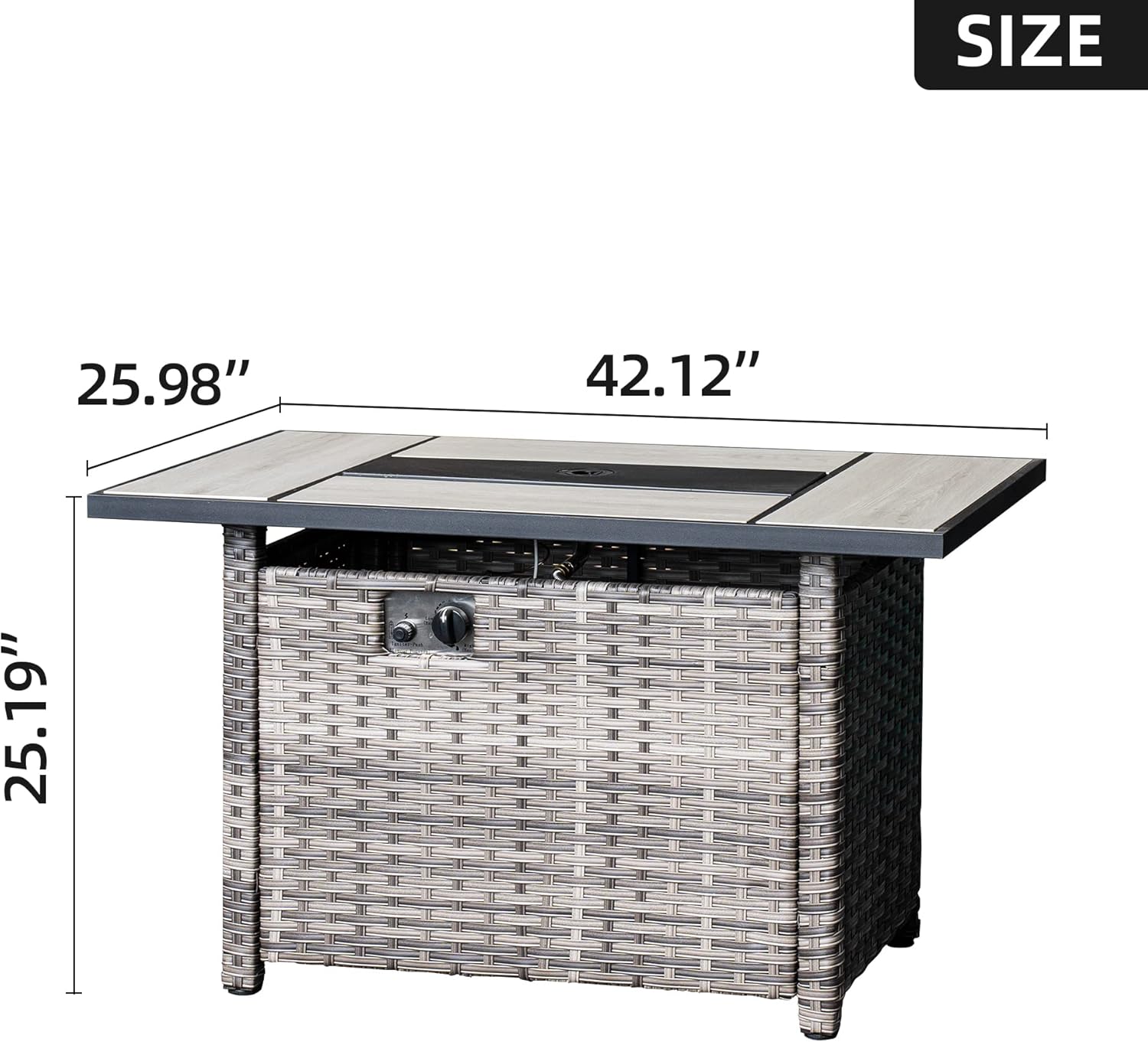 42 inch Outdoor Rectangle Propane Fire Pit Table with Lid, Grey Wicker L42519