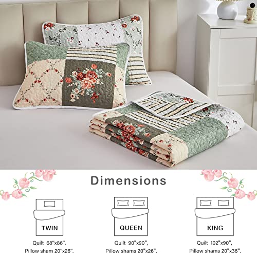 Full/Queen Size 3 Pieces Green Floral Plaid Microfiber Reversible Quilt Set A114