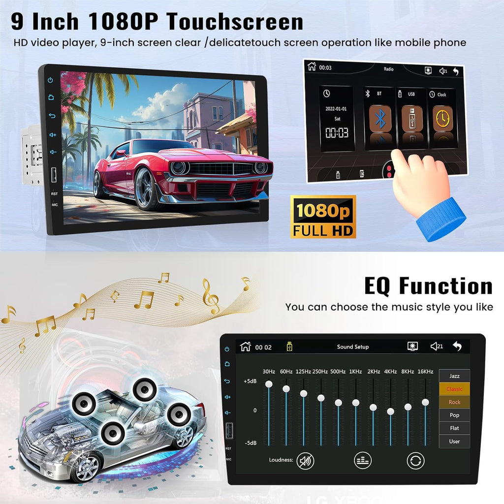 9 Inch Touchscreen Single Din Car Stereo with Wireless Carplay Android Auto Bluetooth FM EQ Backup Camera Car MP5 Player with Steering Wheel Control 7 Color Light MIC J7883