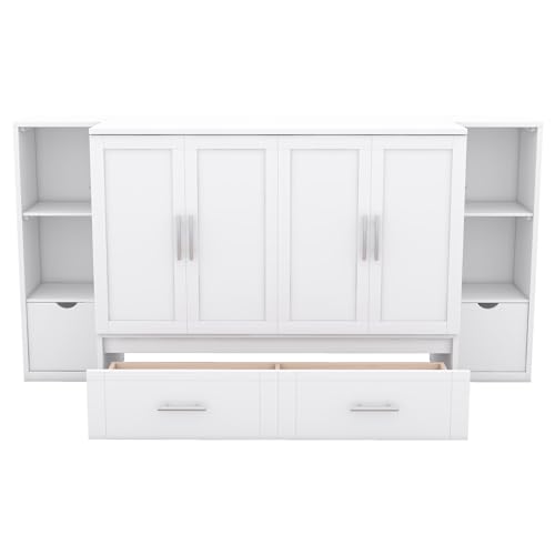 White Queen Size Wood Murphy Bed with Shelves and Storage Drawers U66402