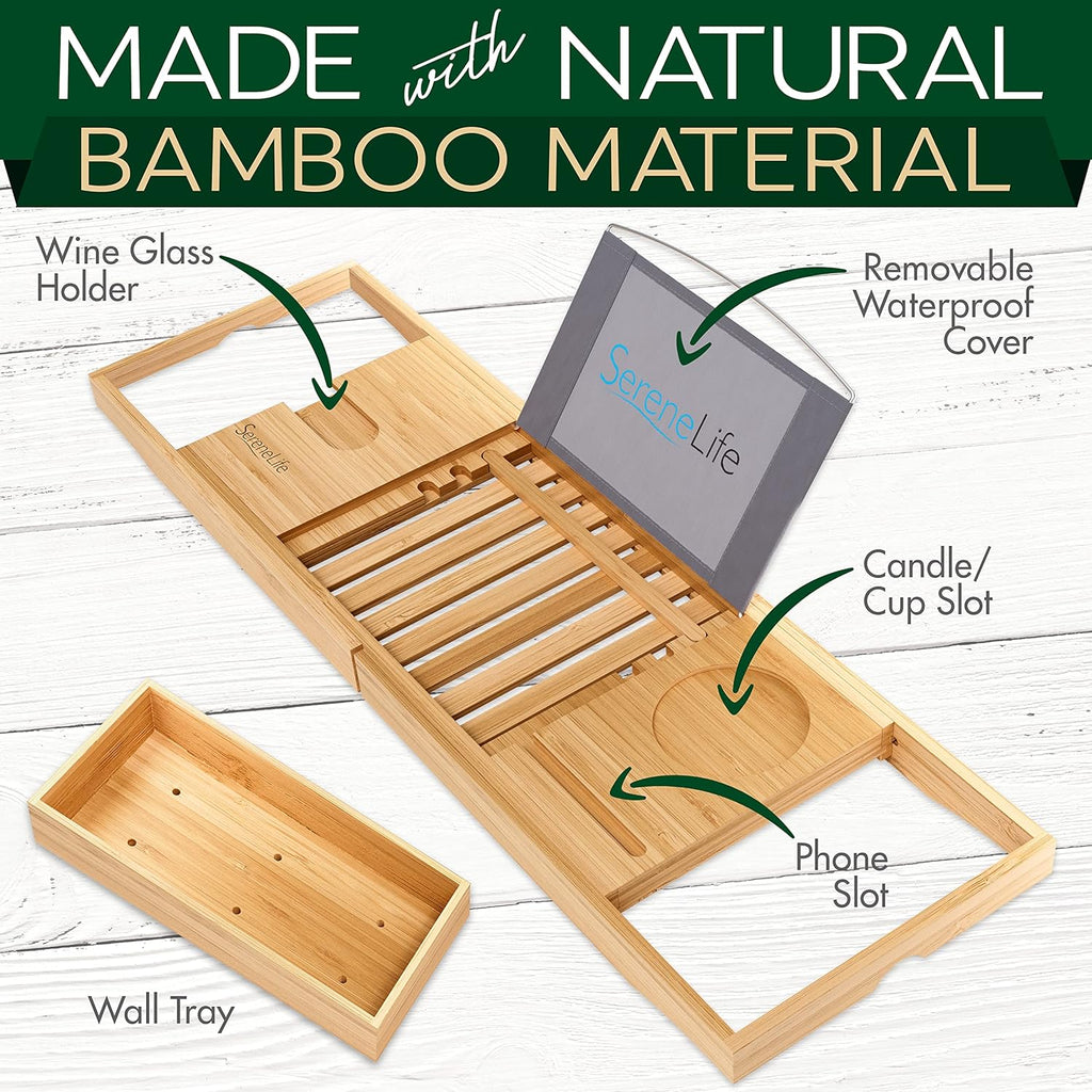 Bamboo Bathtub Caddy Tray with Wine Holder J437177