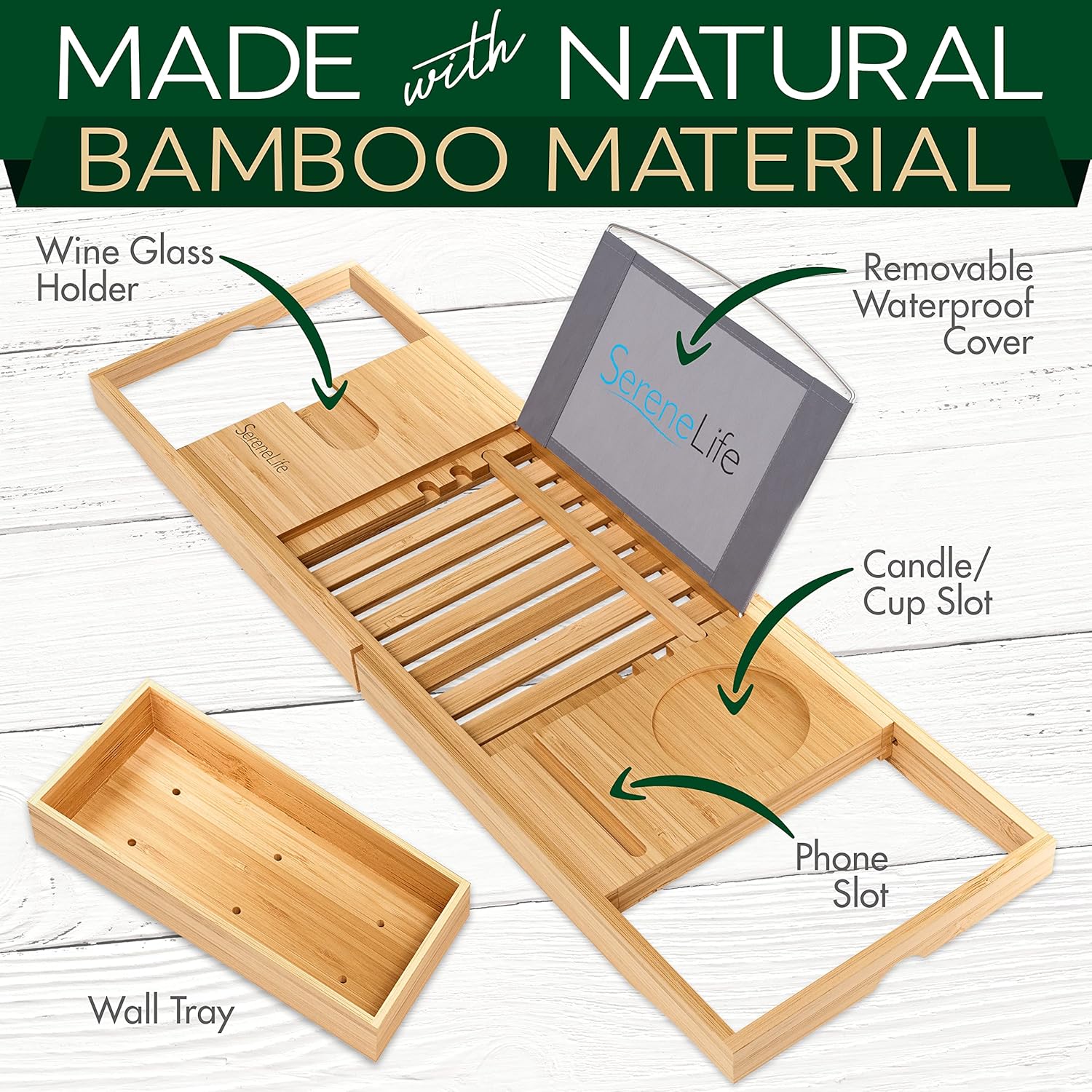 Bamboo Bathtub Caddy Tray with Wine Holder J437177