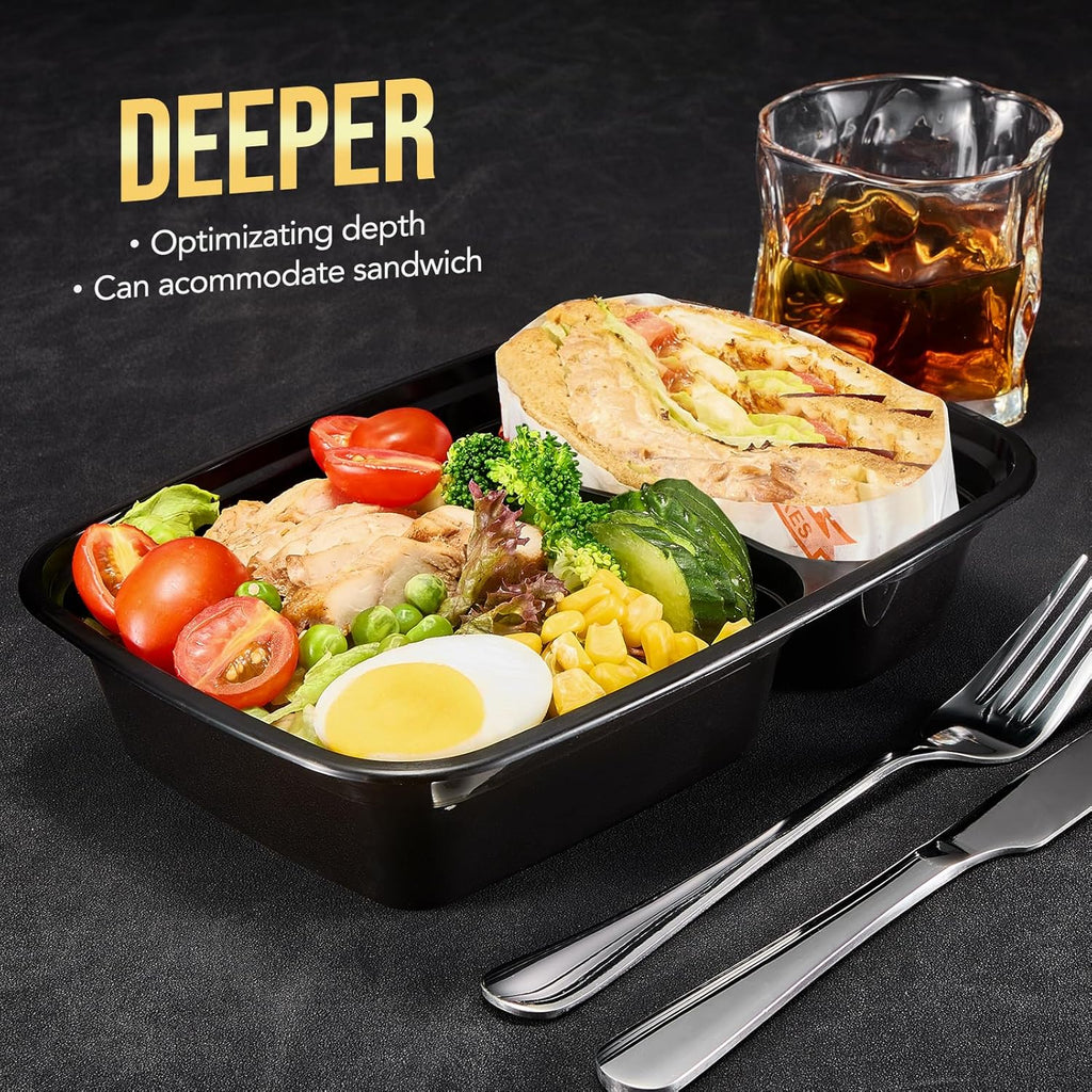 50 Pack 32oz 2 Compartment Meal Prep Container Microwave Safe BPA-Free Black X4212
