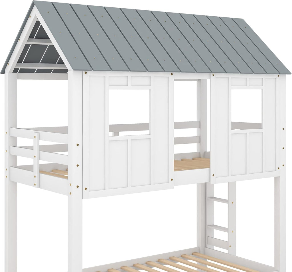 White Twin Over Twin Wood Bunk Beds with Trundle Q882589