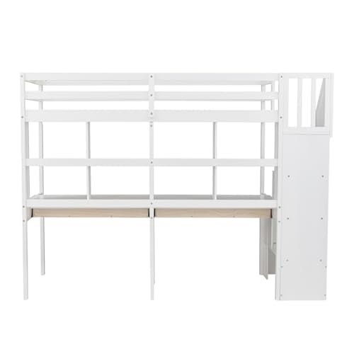 White Twin Size Wood Loft Bed with Stairs and Desks F6679