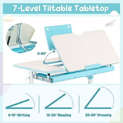 Pink Height-Adjustable Kids Desk and Chair Set with Tiltable Desktop D55147