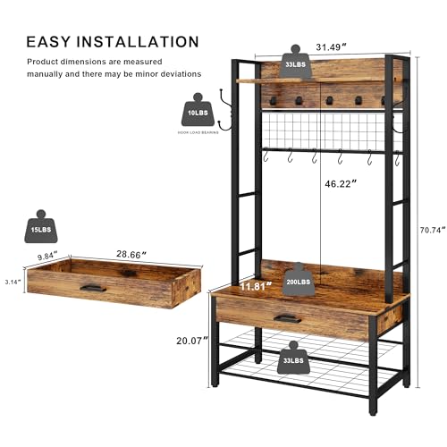 5-in-1 Wood Look Hall Tree with Bench and Shoe Storage, 12 Hooks M84124