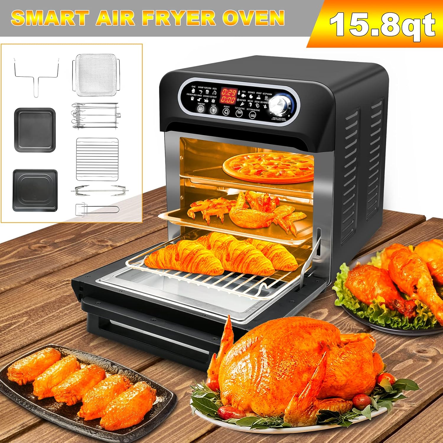 15.8qt 3-layer 16-in-1 Convection Air Fryer Toaster Oven with 6 Accessories, 1500W, Stainless Steel G9723