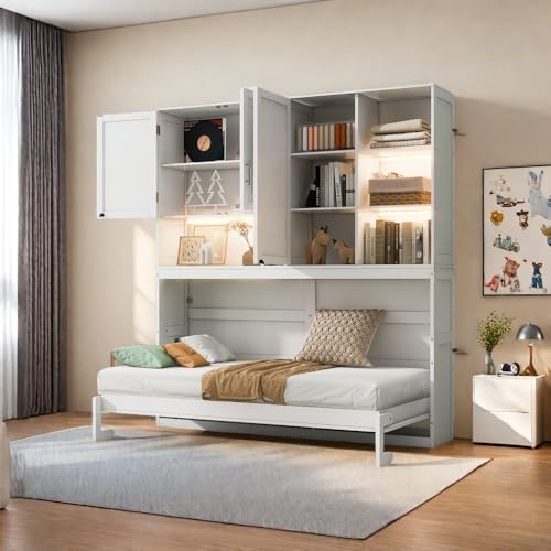 Twin Size Gray Murphy Bed Frame with Storage Cabinet and Shelves U651083