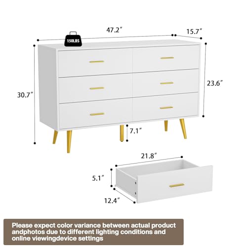 White 6 Drawer Wood Dresser with Gold Metal Handles F64601