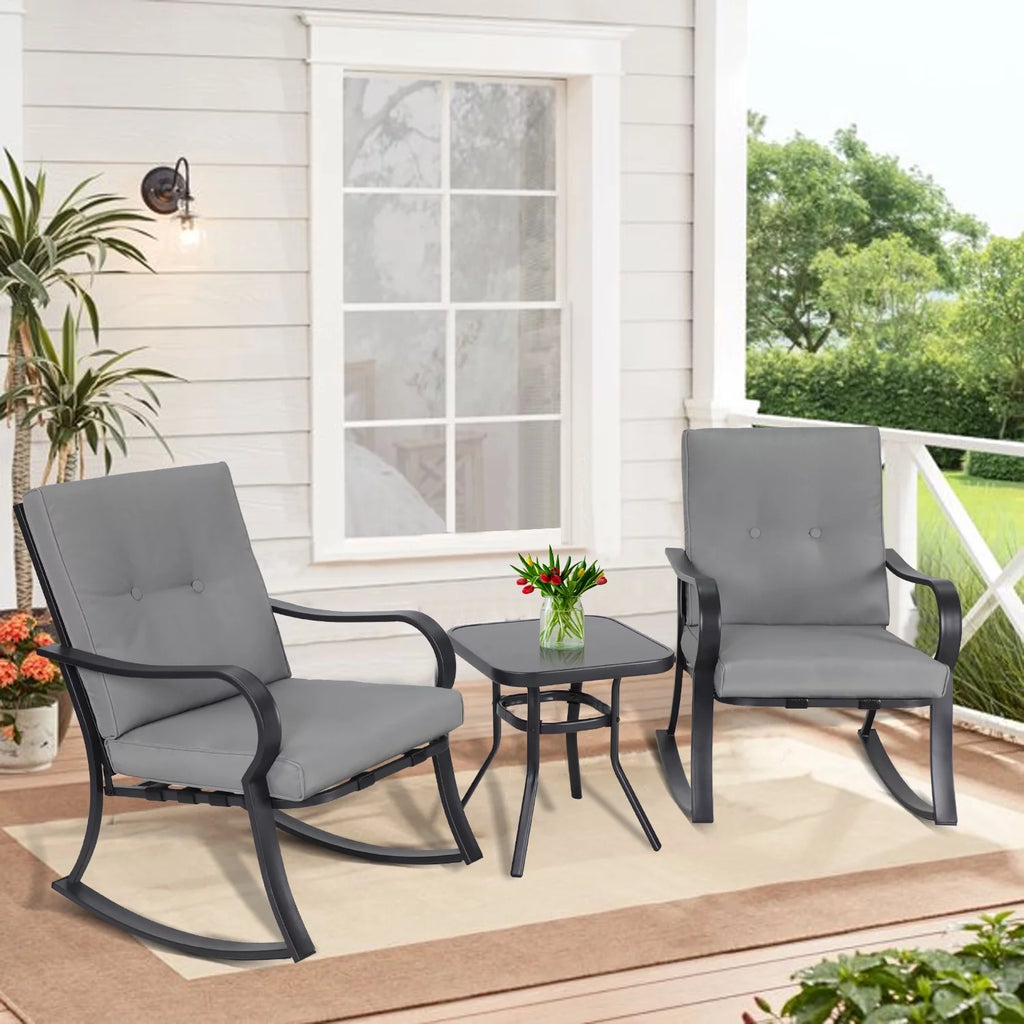 3-Piece Black Iron Outdoor Rocking Chairs Set with Gray Cushion and Glass Coffee Table O66268