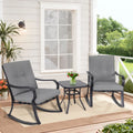 3-Piece Black Iron Outdoor Rocking Chairs Set with Gray Cushion and Glass Coffee Table O66268