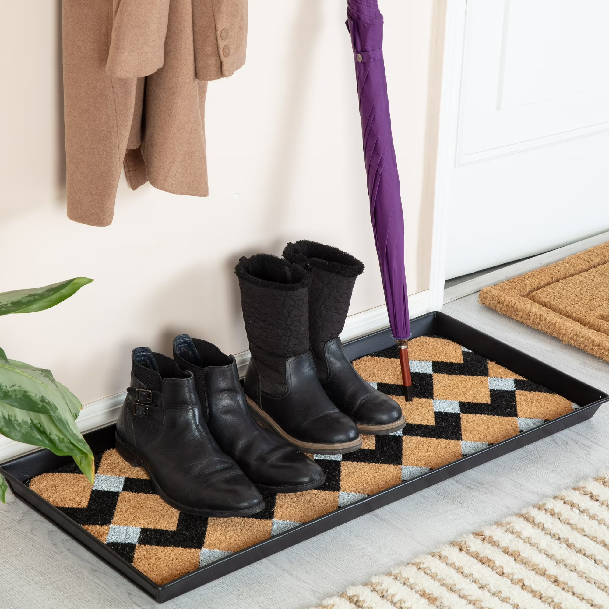 Black Metal Boot Tray with Coir Insert C7184