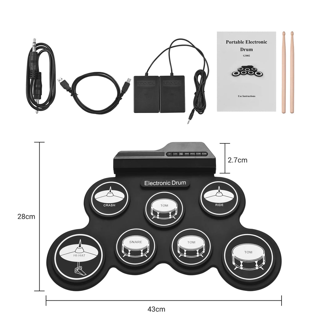 Compact USB Silicon Drum Set with 7 Drum Pads Drumsticks Foot Pedals F90767