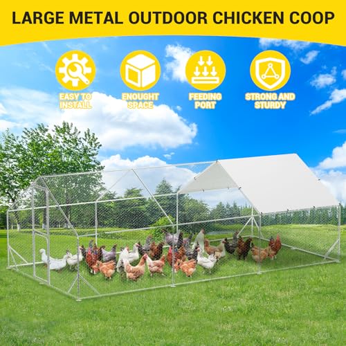 Large Metal Chicken Coop with Run, 9.8×13.1×6.6ft Walk-in Poultry Cage with Cover R52246