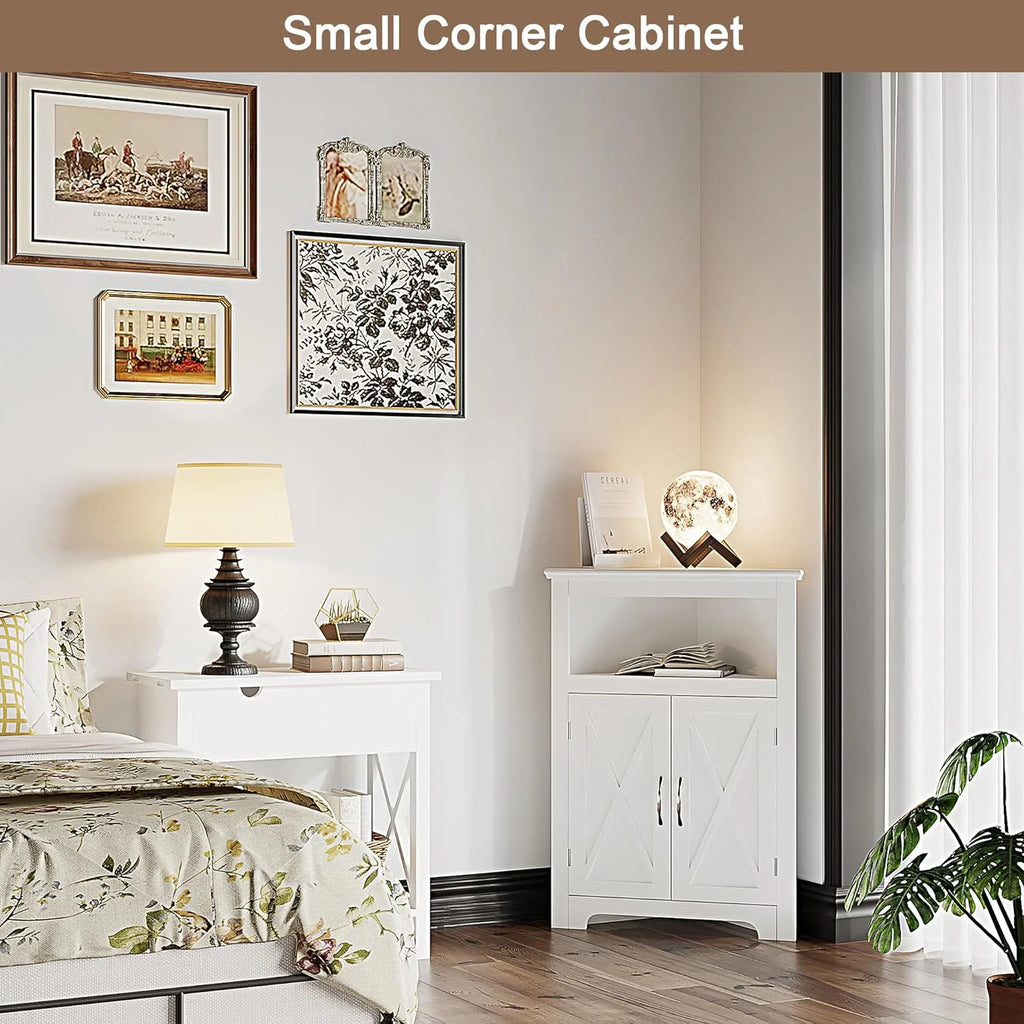 White Corner Storage Cabinet with Barn Door and Adjustable Shelf R4294
