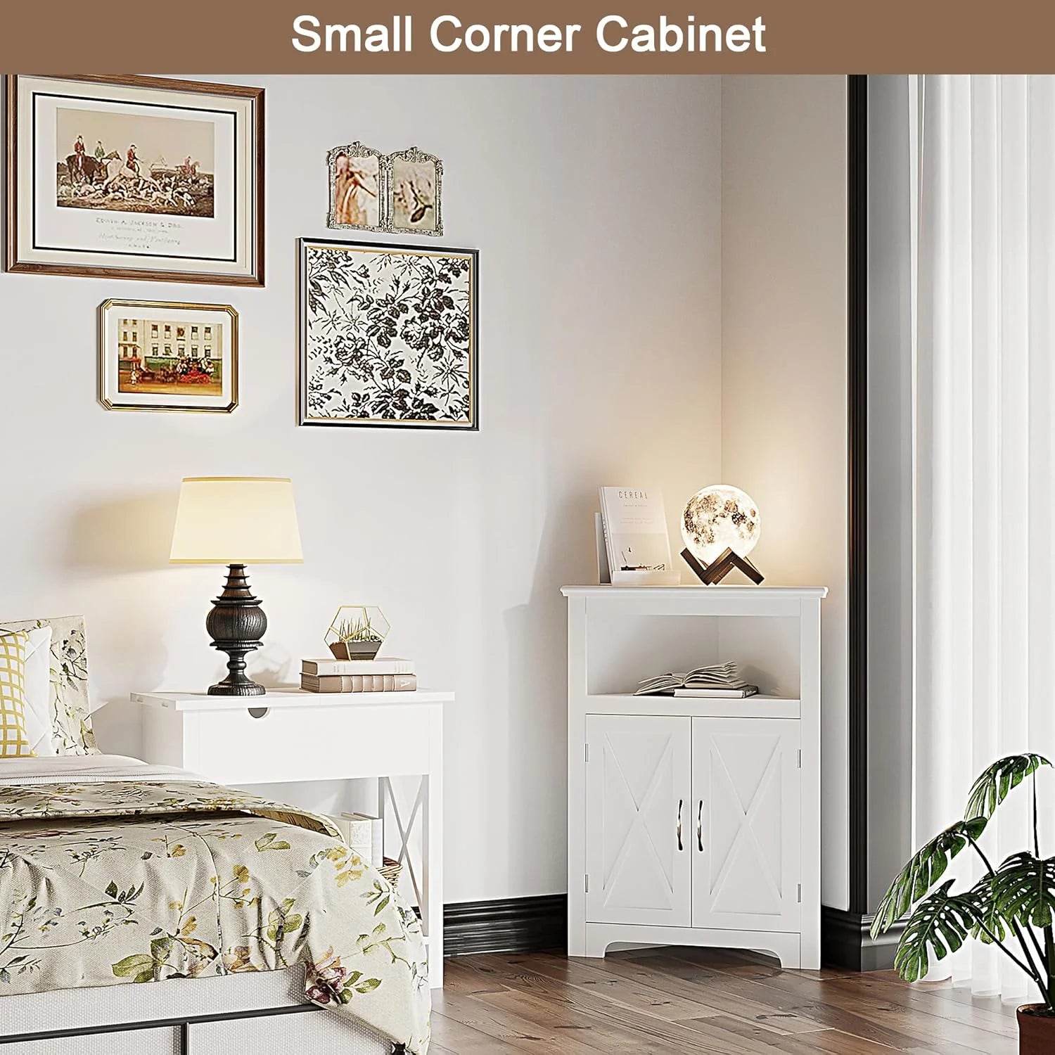 White Corner Storage Cabinet with Barn Door and Adjustable Shelf R4294
