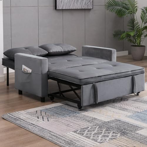 Dark Grey Upholstered Convertible Folding Sofa Bed with Storage Pocket X918732