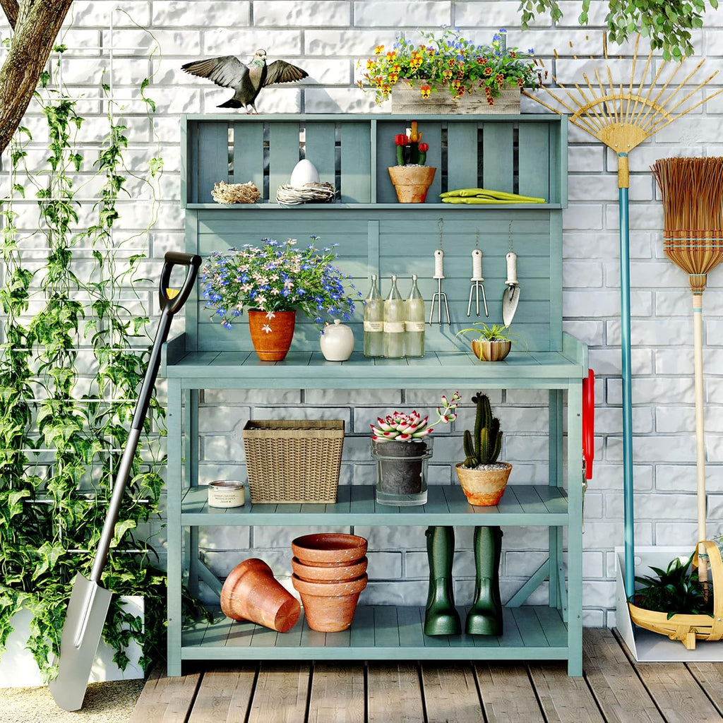 Green Wooden Potting Bench Table with 4 Storage Shelves and 3 Side Hook Z36850