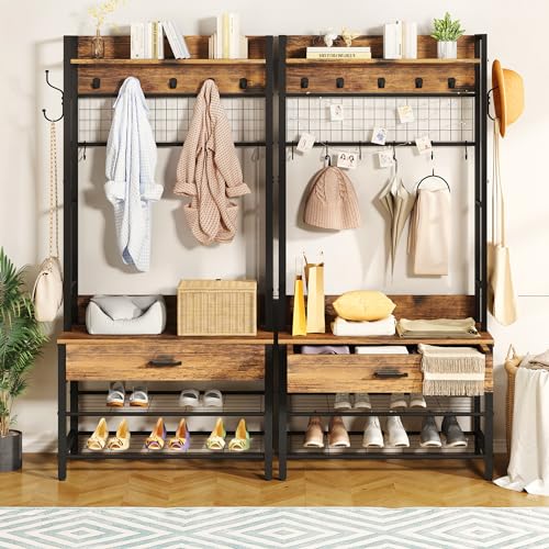 5-in-1 Wood Look Hall Tree with Bench and Shoe Storage, 12 Hooks M84124