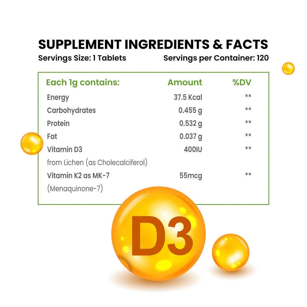 Vitamin D3 600 IU K2 MK7 Supplement 120 Veg Tablets O29073
