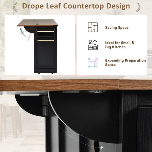 Black Farmhouse Kitchen Island with Power Outlet, 2 Sliding Barn Door, Drop Leaf, Spice Rack, Rolling Cart on Wheels E397