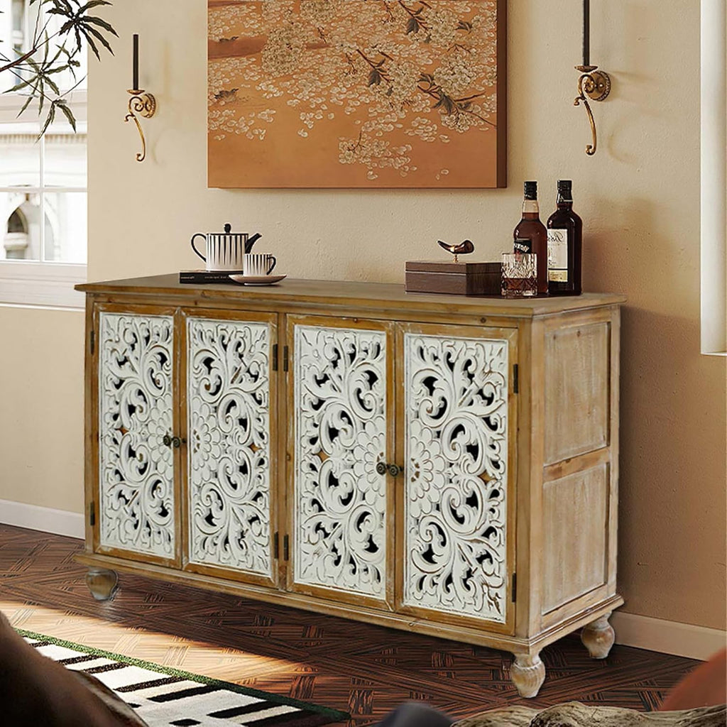 Accent Cabinet with 4 Doors and Wood Carved Floral Doors X834