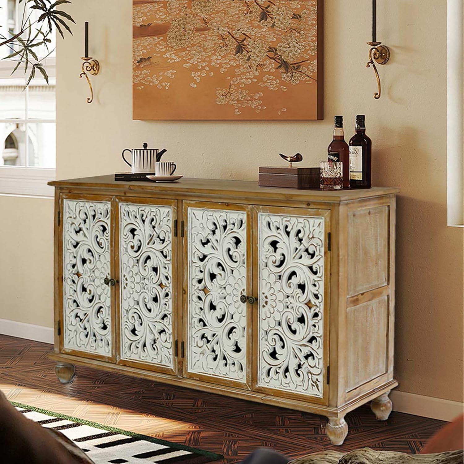 Accent Cabinet with 4 Doors and Wood Carved Floral Doors X834