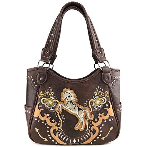 Horse Floral Embroidered Studded Concealed Carry Shoulder Purse Handbag D146
