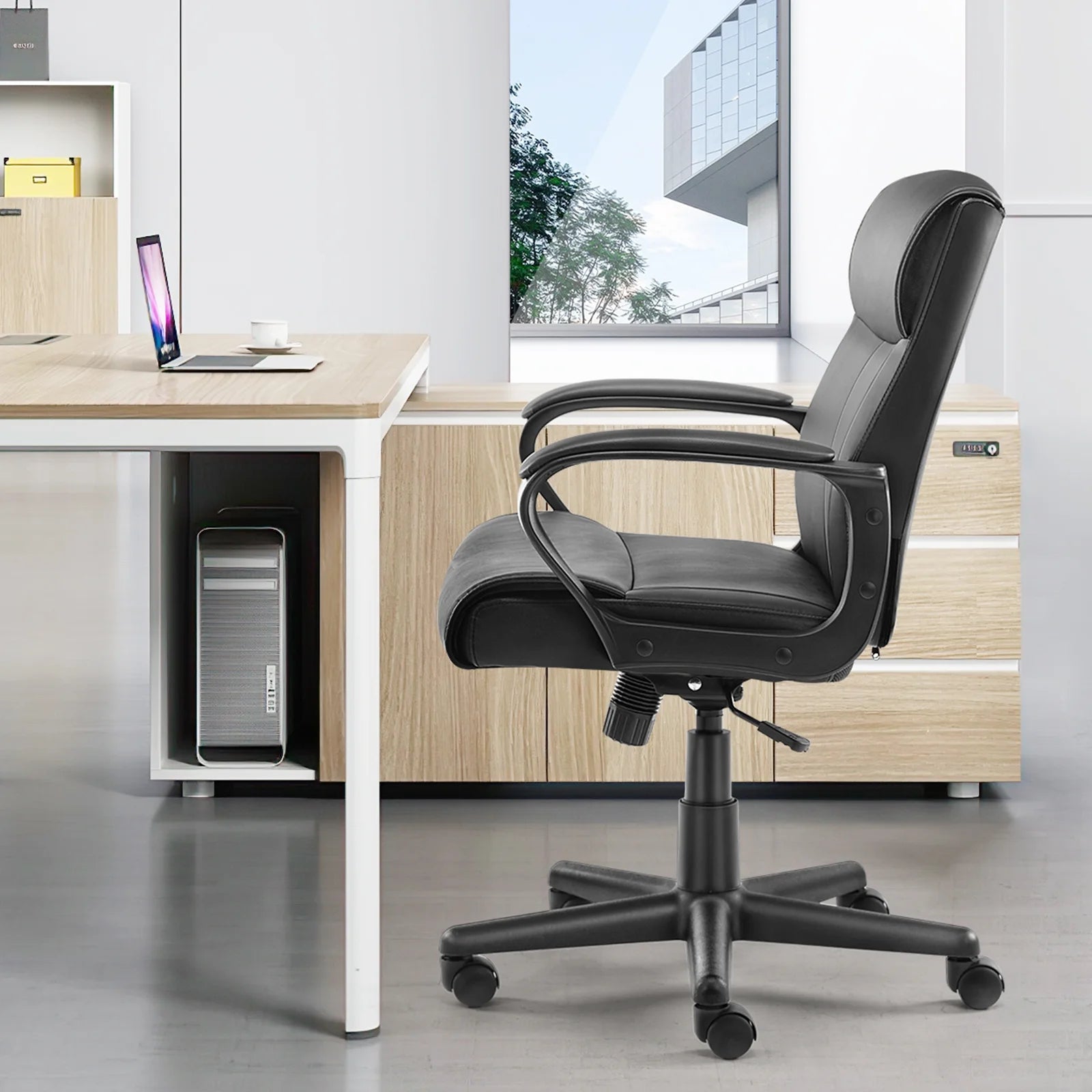 Mid Back Office Desk Chair with Padded Armrests PU Leather F905
