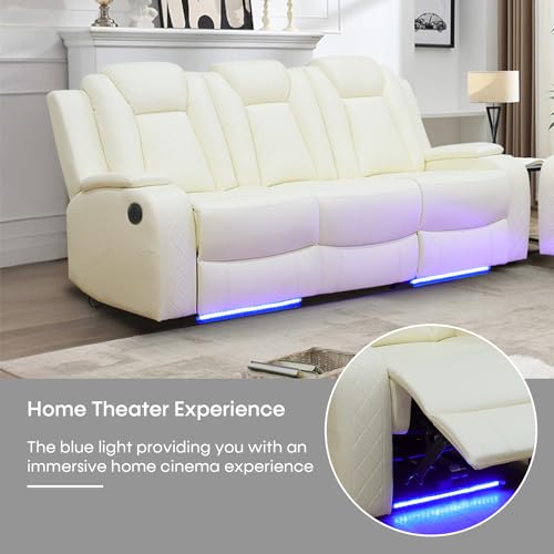 Black 3 Piece Leather Power Reclining Sofa Set with LED Lights V80650