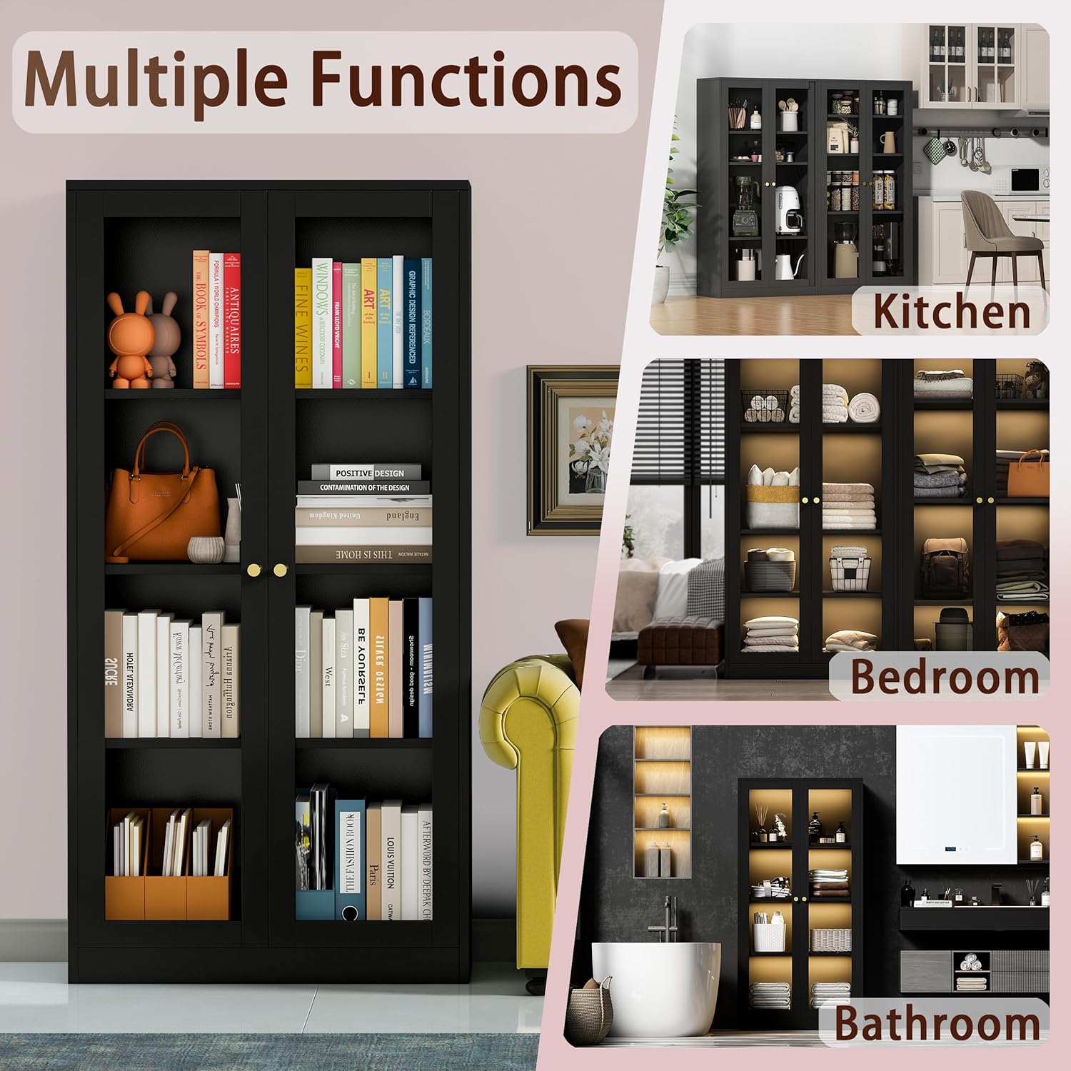 Black Glass Display Cabinet with LED Light and 3 Adjustable Shelves O70489