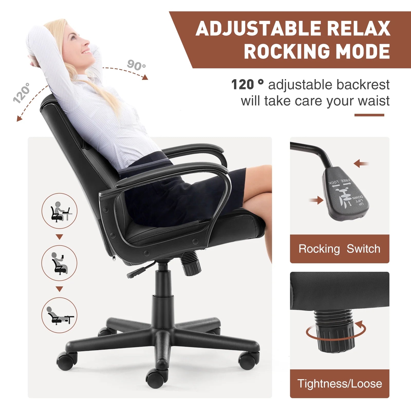 Mid Back Office Desk Chair with Padded Armrests PU Leather F905