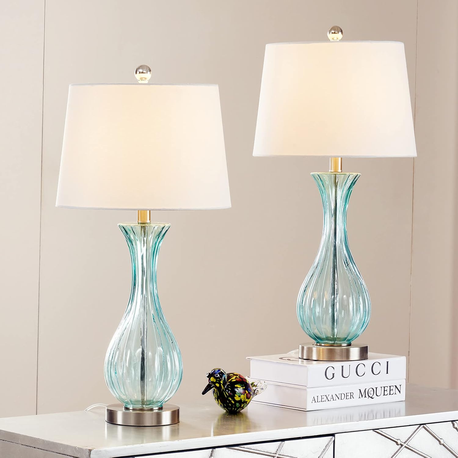 Set of 2 Blue Glass Table Lamps with White Shade R6486