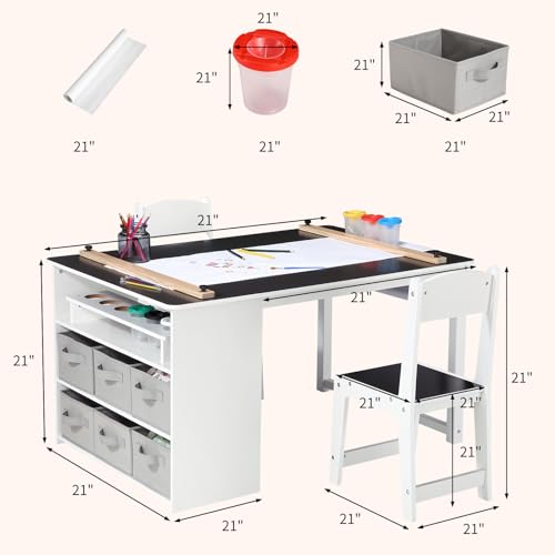 Kids Art Table and Chairs Set with Storage Desk and Art Supply Organizer W564409