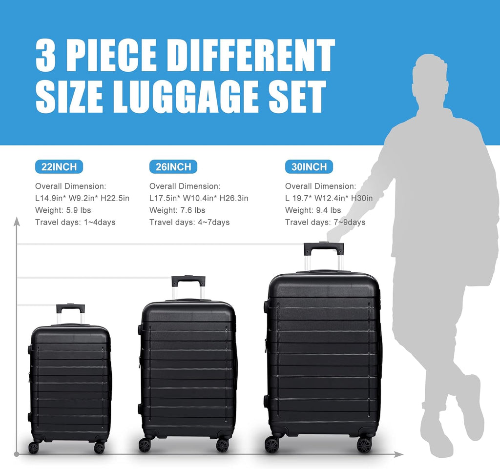 Black 3 Piece Hardside Expandable Luggage Set with Spinner Wheels Y434