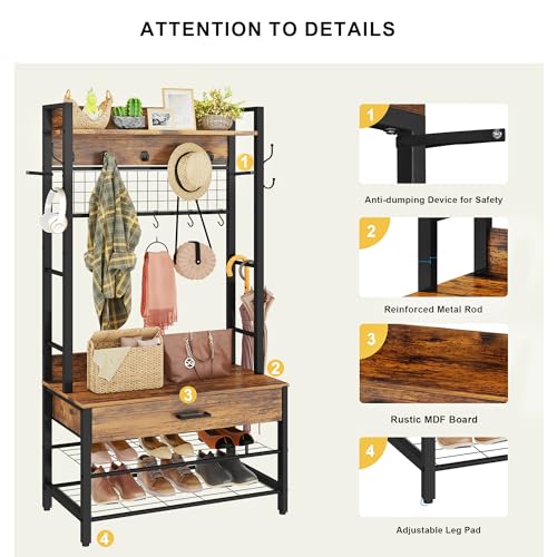 5-in-1 Wood Look Hall Tree with Bench and Shoe Storage, 12 Hooks M84124