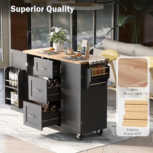 Grey Blue Rolling Kitchen Cart with 3 Drawers and Rubber Wood Top N244