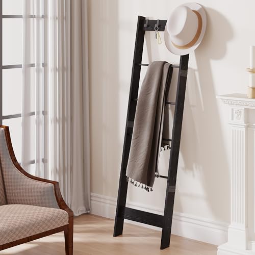 6 Tier Blanket Ladder Shelf with 4 Metal Hooks, Rustic Brown A11942