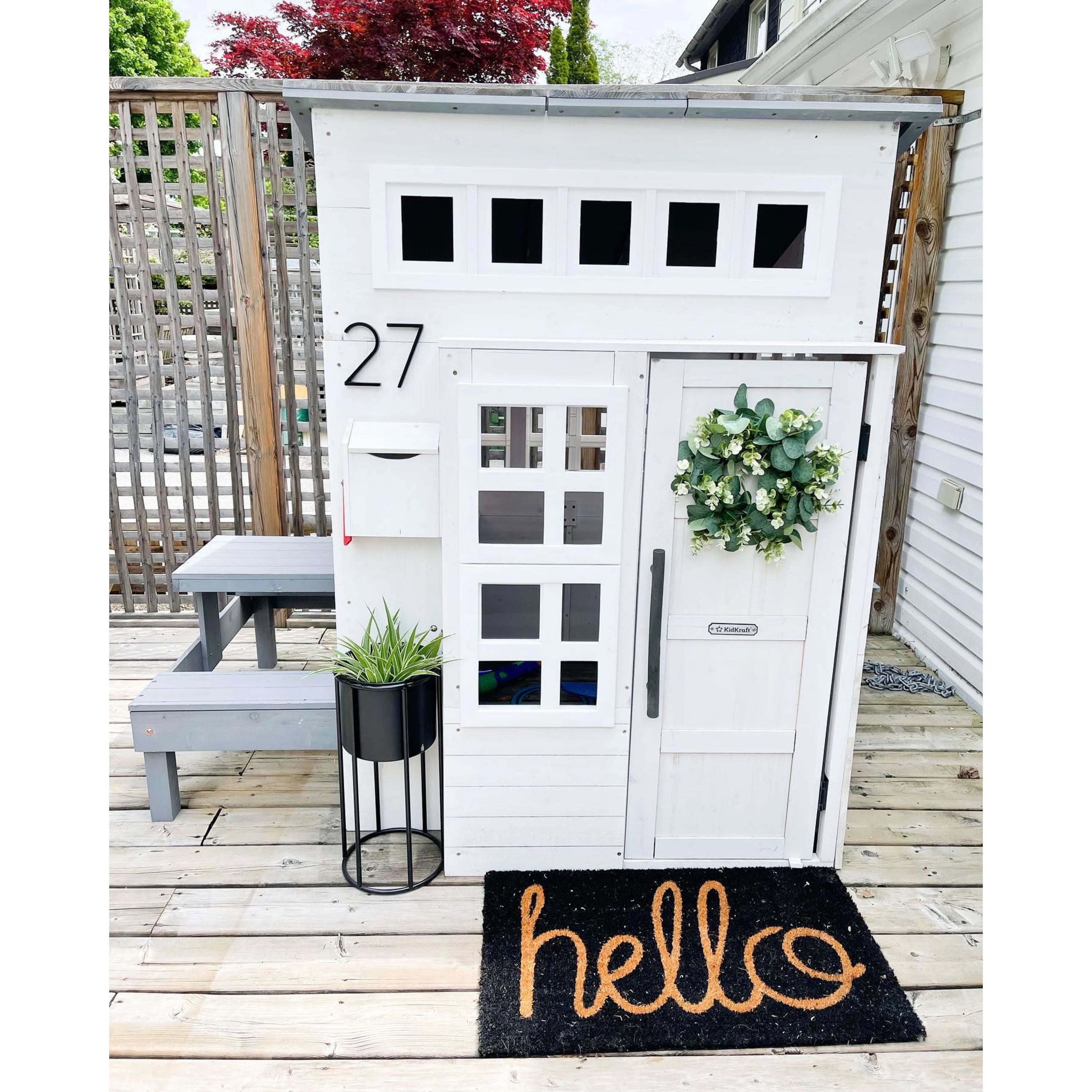 White Wooden Playhouse with Picnic Table, Mailbox & Outdoor Grill R190105