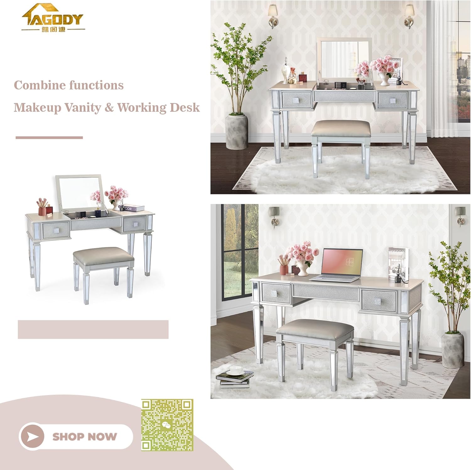 Mirrored Vanity Desk with Drawers and Stool G54363
