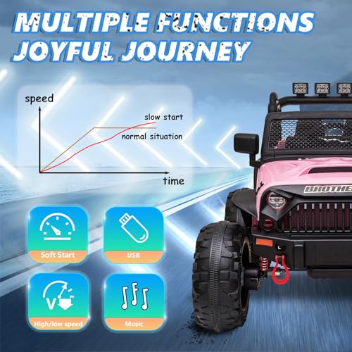 24V Electric Cars Vehicles Toys for Kids -2 Seater, 4x200W Powerful Wheels 4WD Ride on Truck Kids with 3 Speed Remote Control Spring Suspension, Bluetooth, MP3 Music, Soft Brake (Hot Pink) F15319