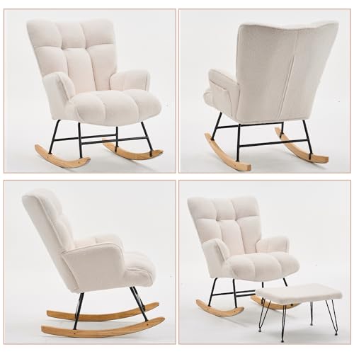White Teddy Upholstered Glider Rocker with Ottoman E398802